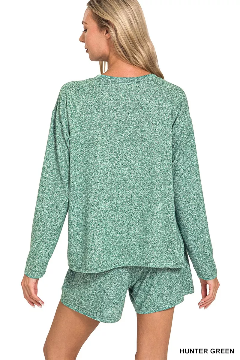 Zenana Soft Melange Long Sleeve Tee and Shorts Set - Image 2
