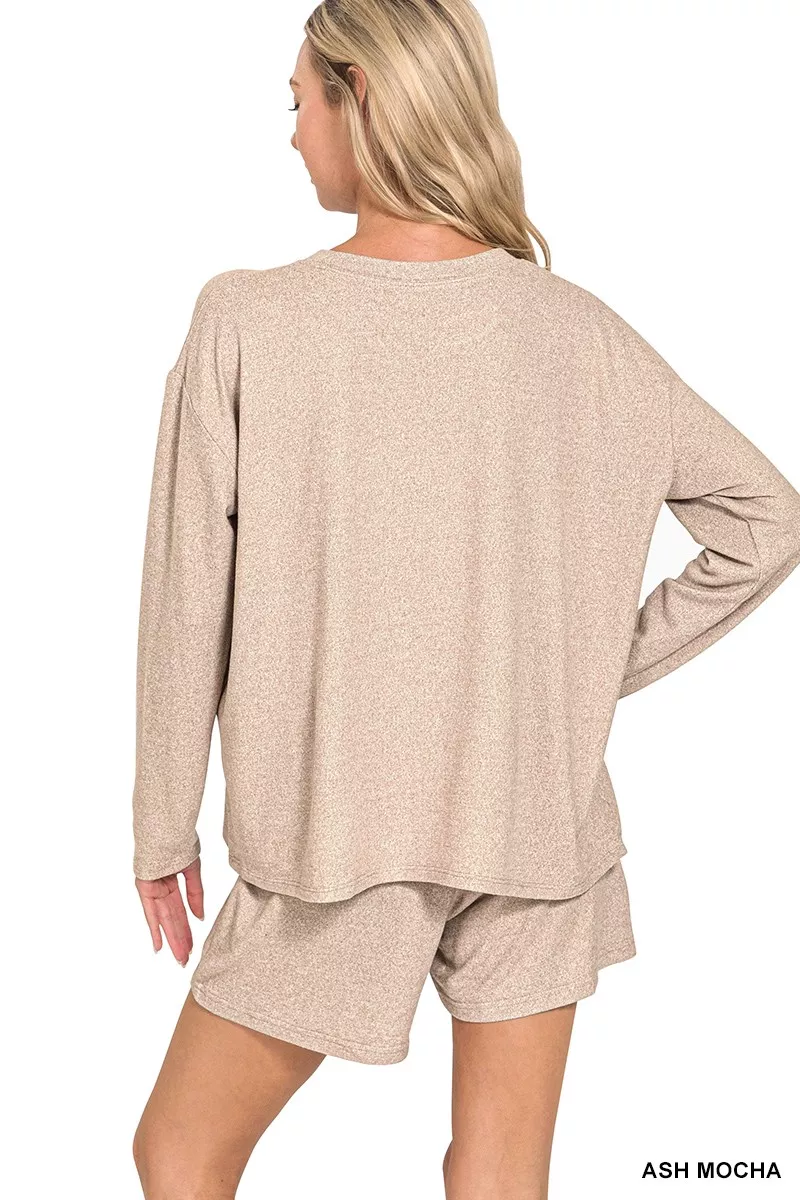 Zenana Soft Melange Long Sleeve Tee and Shorts Set - Image 4