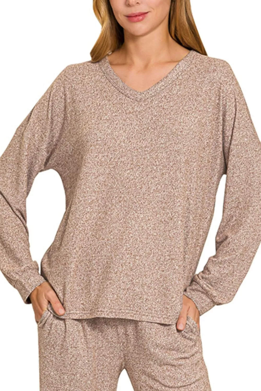 Zenana Soft Melange Long Sleeve Tee & Pants Set - Image 3