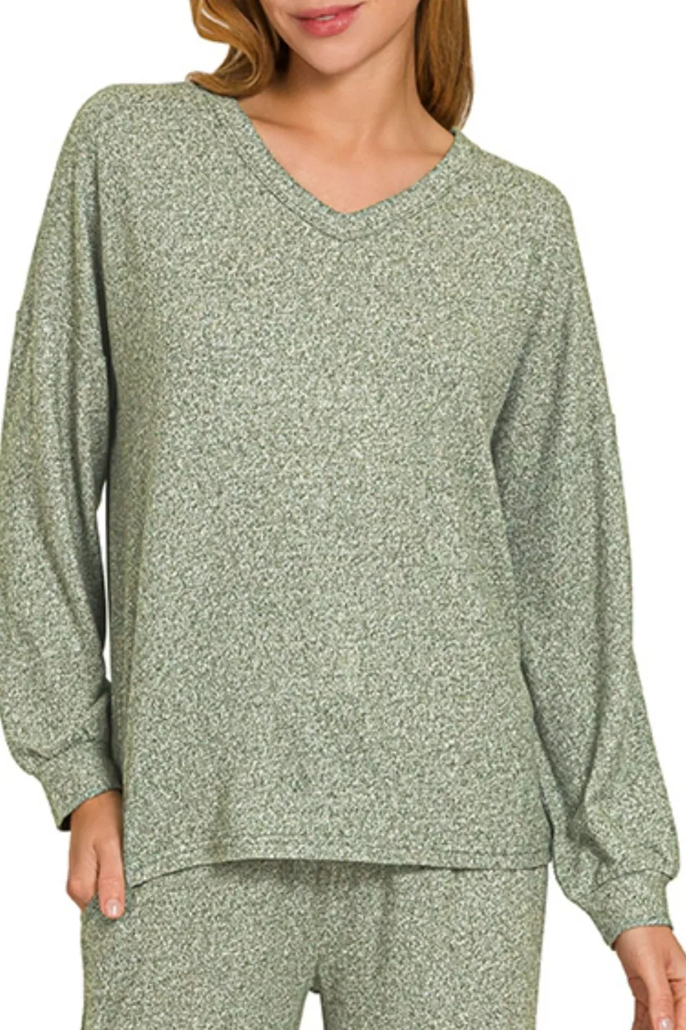 Zenana Soft Melange Long Sleeve Tee & Pants Set - Image 3