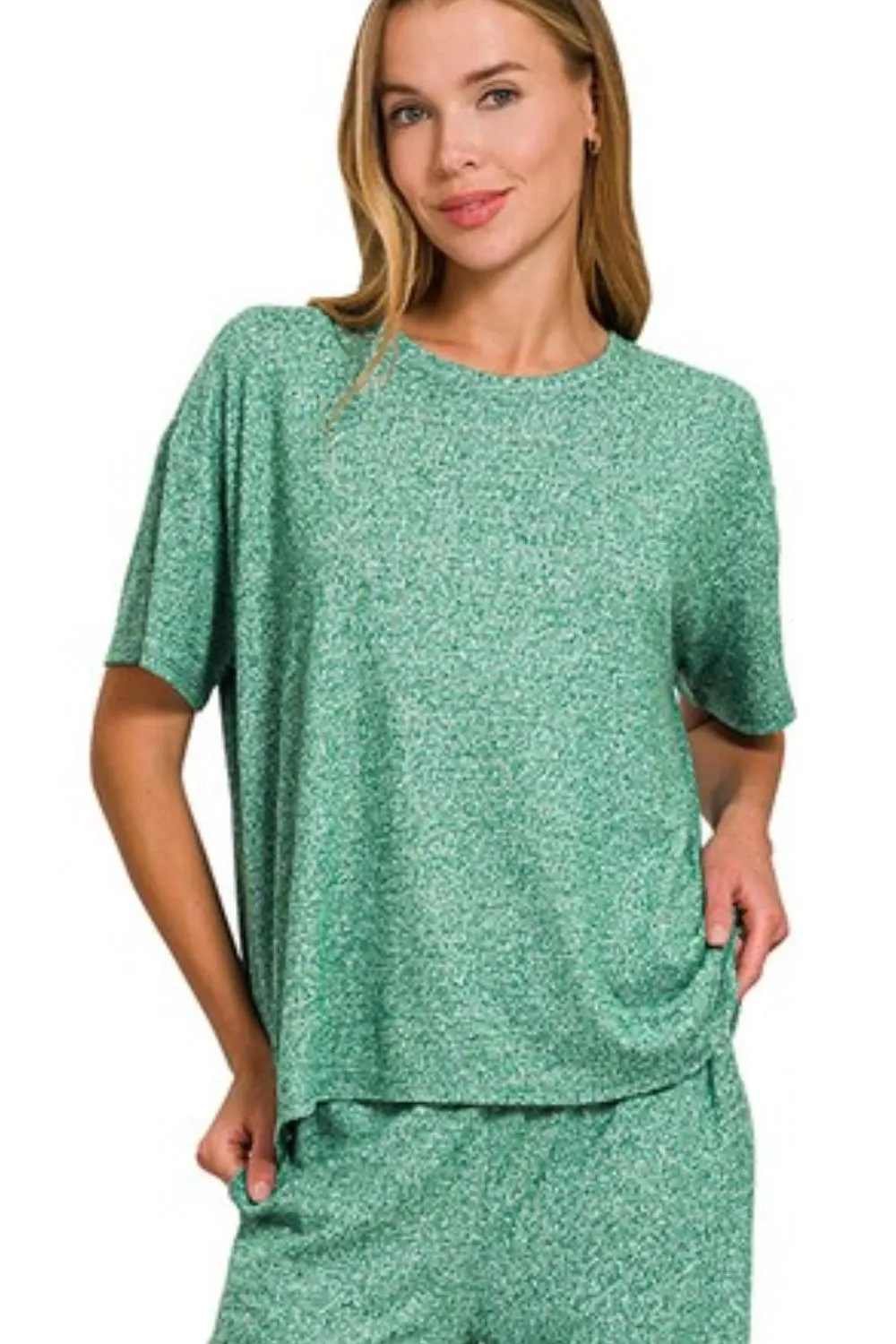 Zenana Soft Melange Short Sleeve Tee & Long Pants Set - Image 2