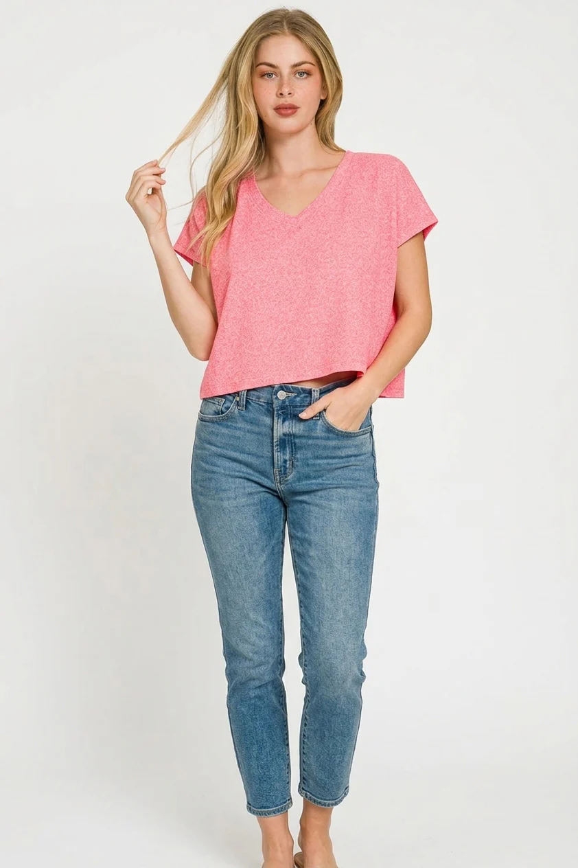 Zenana Soft Melange V-neck Drop Shoulder Cropped Top - Image 2