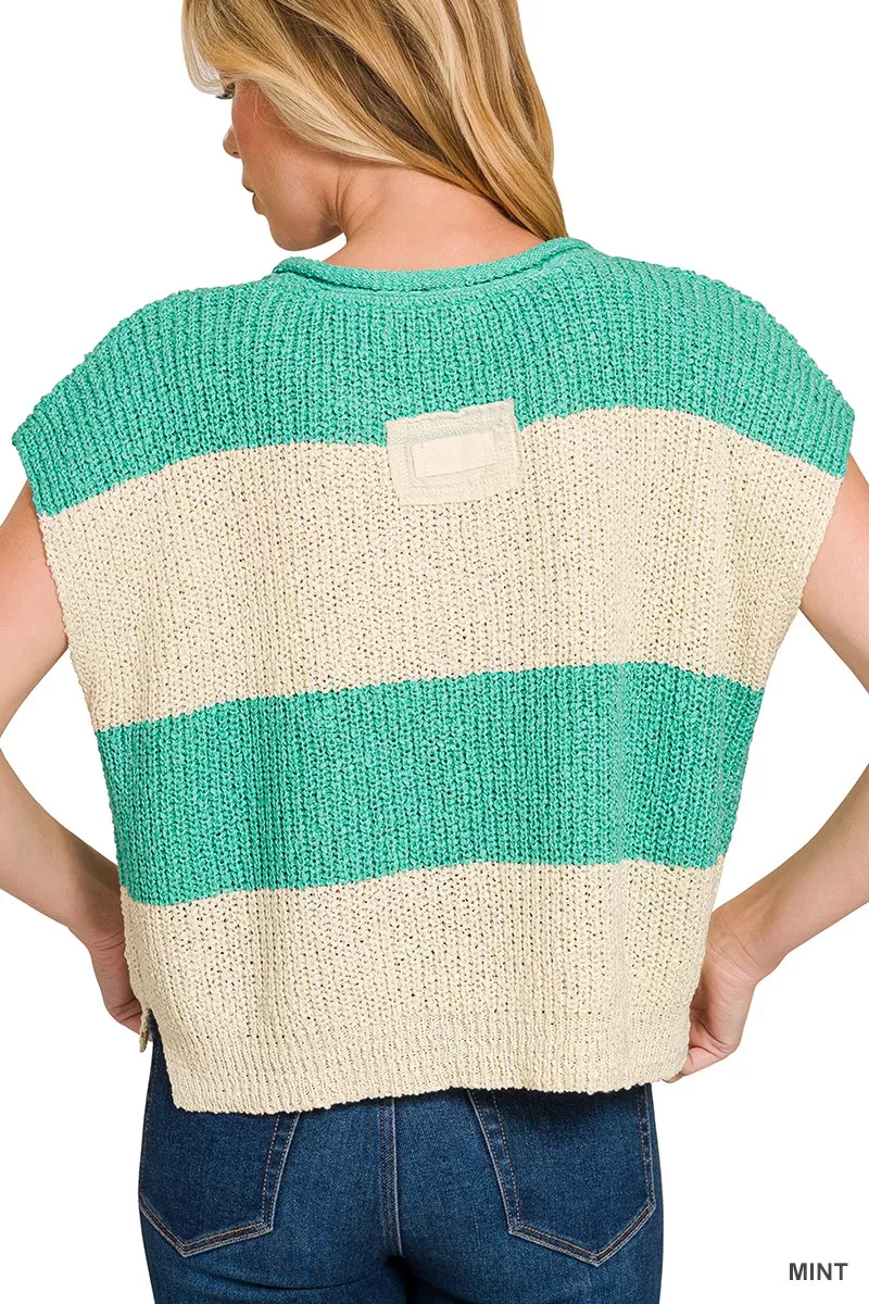 Zenana Split Neck Sleeveless Stripe Sweater - Image 3