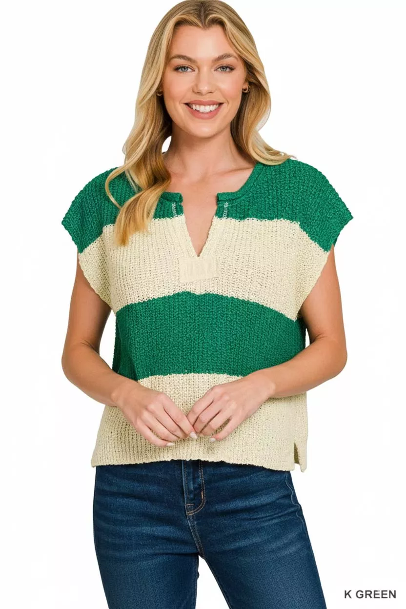 Zenana Split Neck Sleeveless Stripe Sweater - Image 3