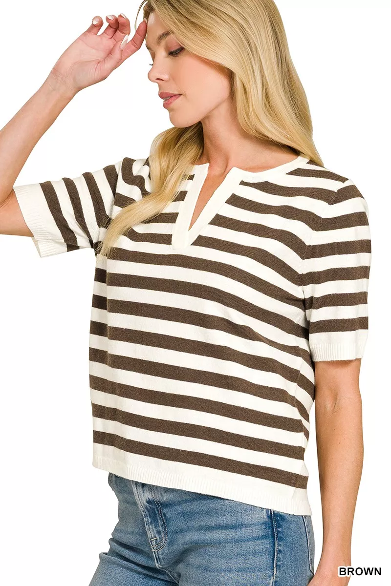Zenana Split Neck Stripe Short Sleeve Sweater - Image 2