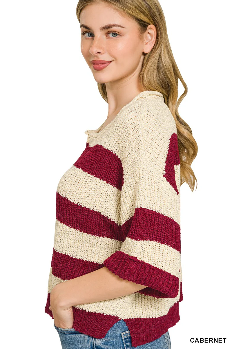 Zenana Split Neck Stripe Sweater - Image 2