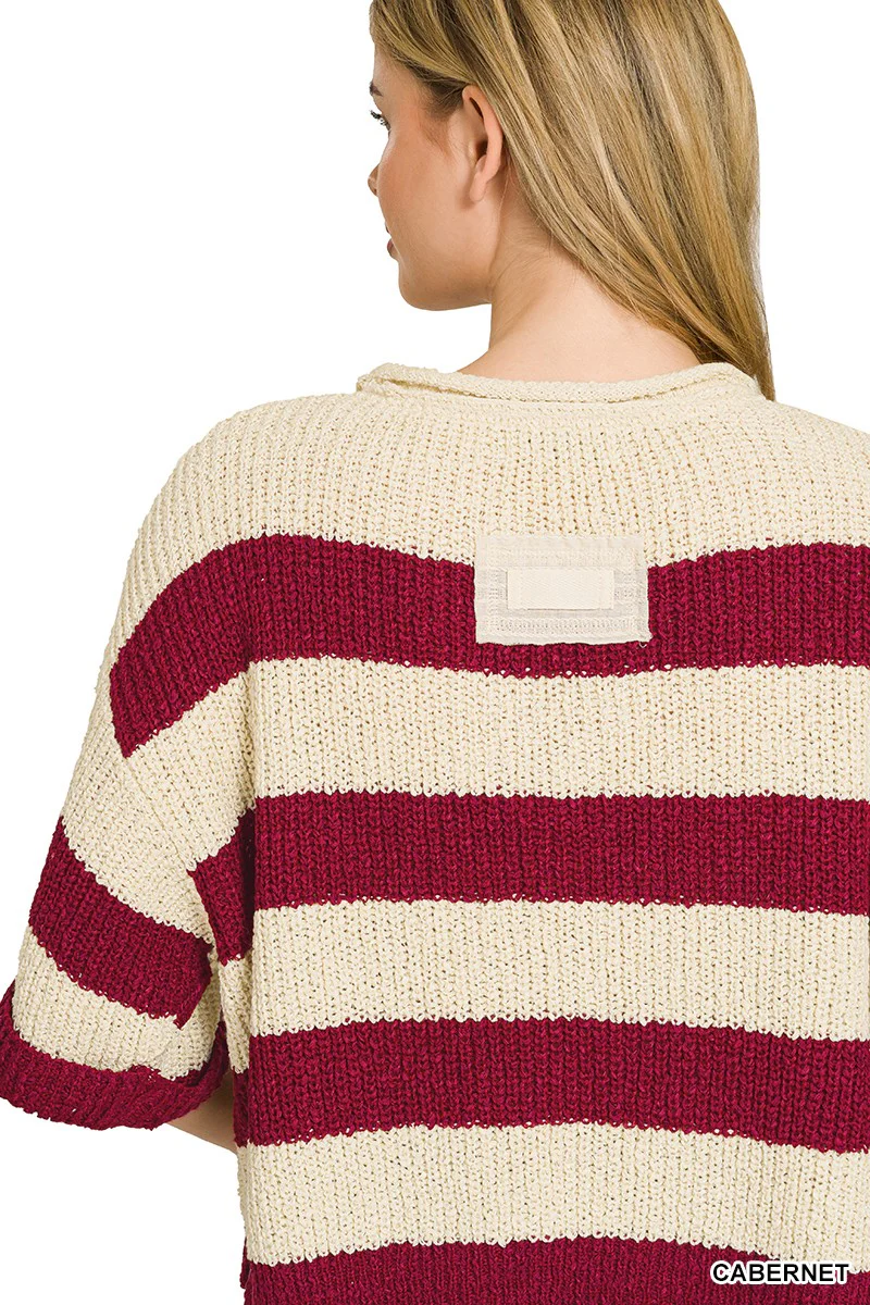 Zenana Split Neck Stripe Sweater - Image 3