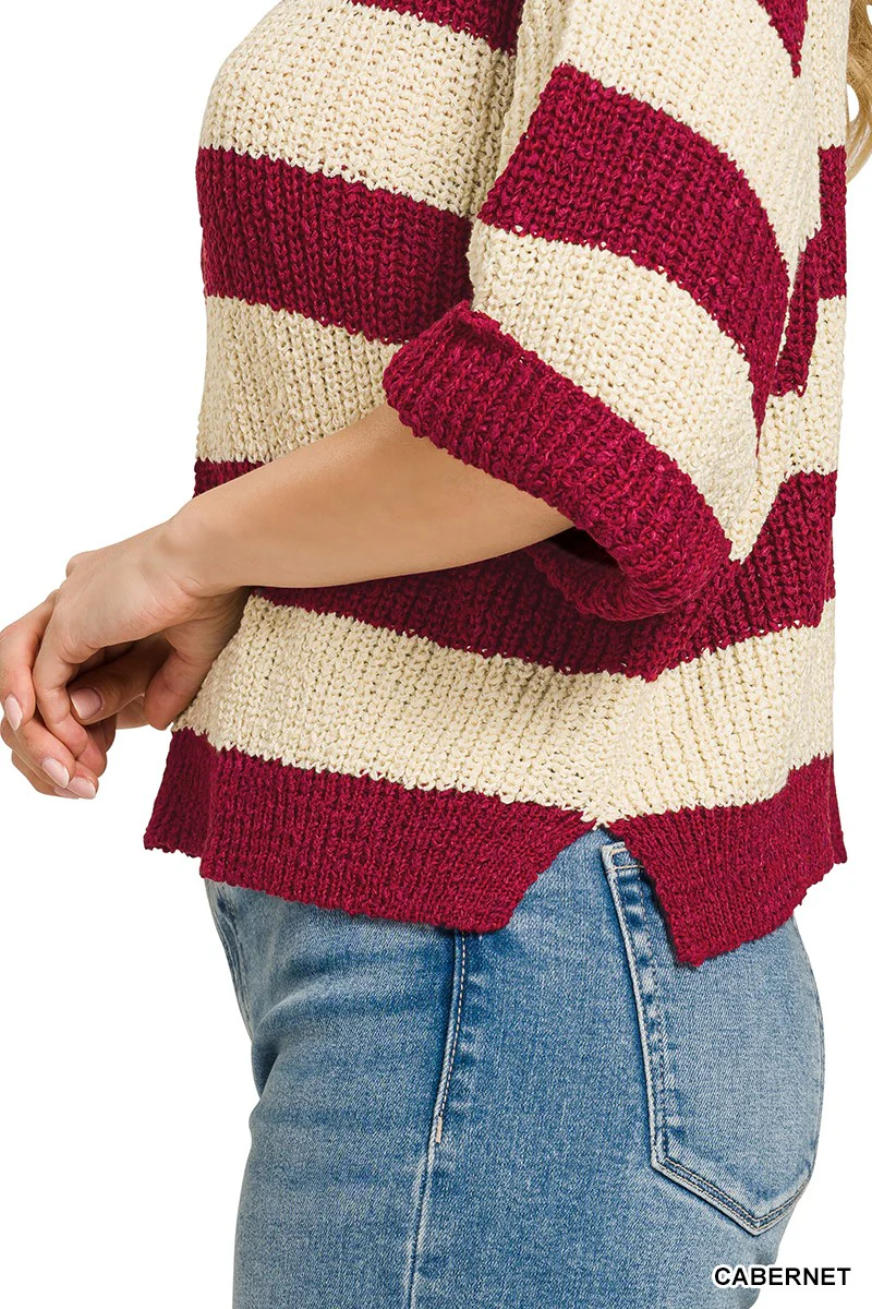 Zenana Split Neck Stripe Sweater - Image 4