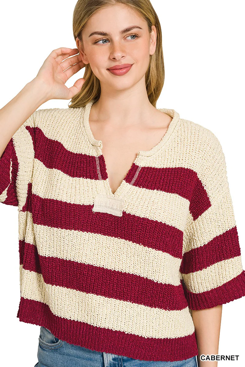 Zenana Split Neck Stripe Sweater - Image 5