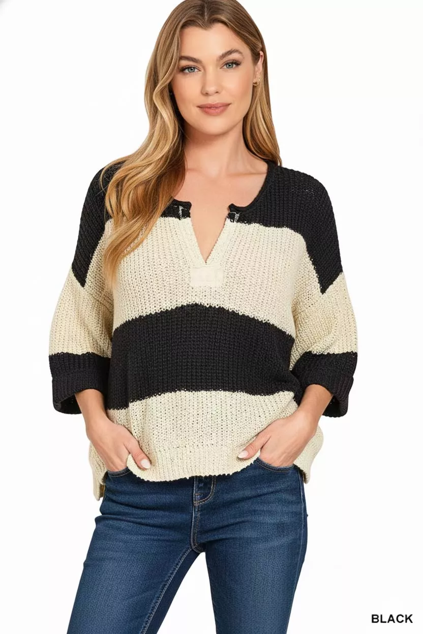 Zenana Split Neck Stripe Sweater - Image 2