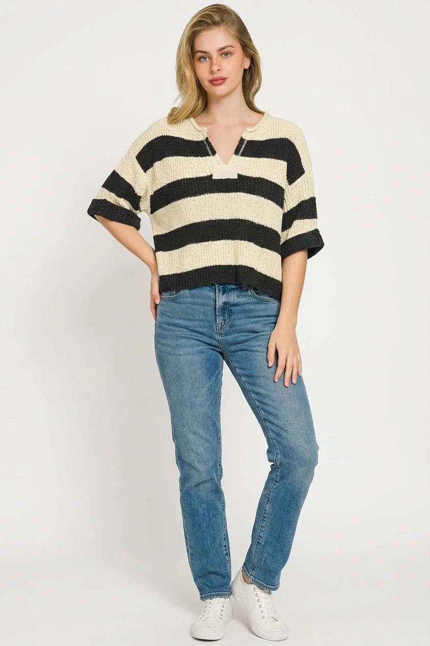 Zenana Split Neck Stripe Sweater - Image 3