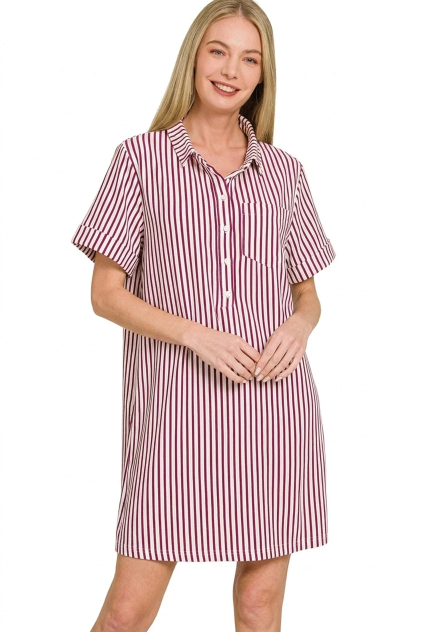 Zenana Stripe Collared Half Button Up T-Shirts Dress - Image 2
