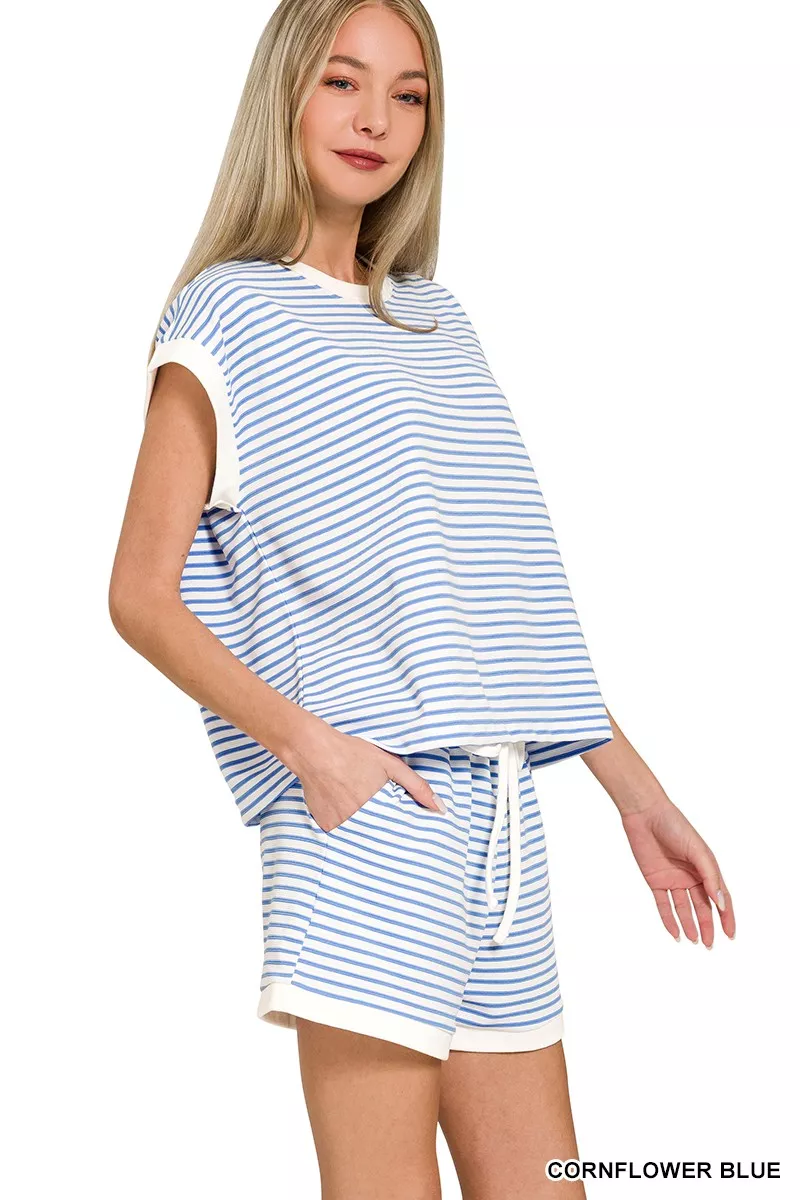 Zenana Stripe Contrast Trim Top & Shorts Set - Image 2