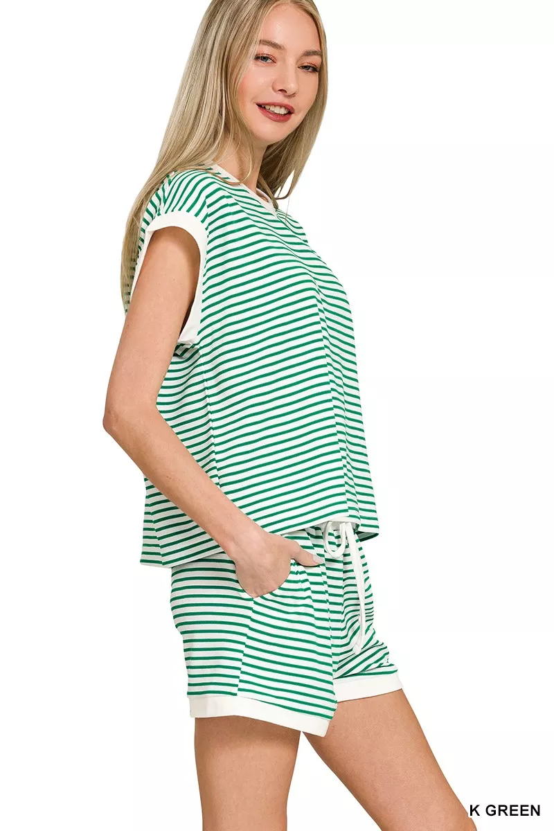 Zenana Stripe Contrast Trim Top & Shorts Set - Image 2