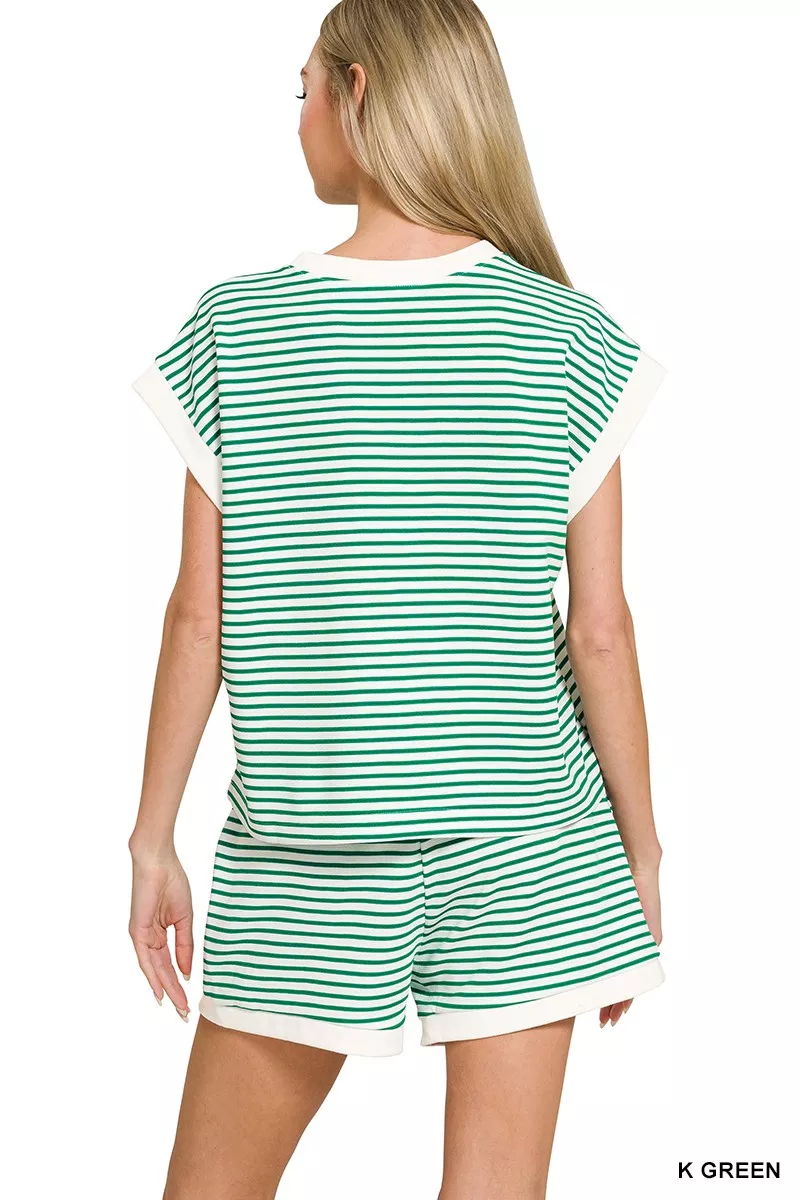 Zenana Stripe Contrast Trim Top & Shorts Set - Image 3