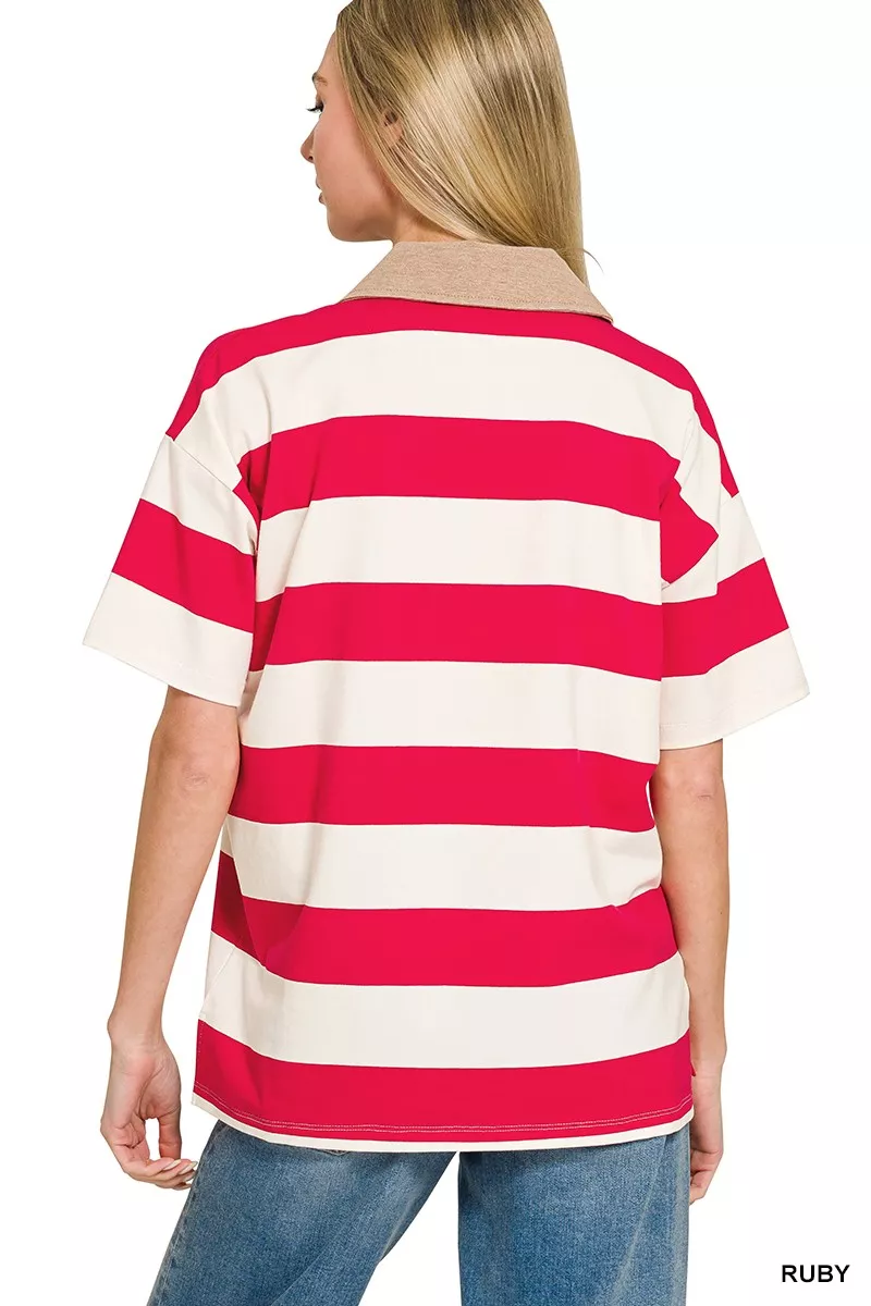 Zenana Striped Collared Polo Top - Image 3