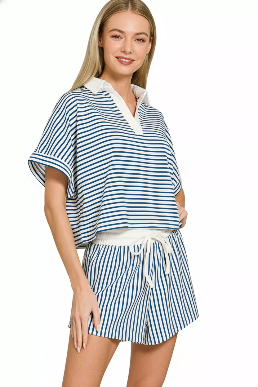 Zenana Striped Collared Top & Shorts Set - Image 2