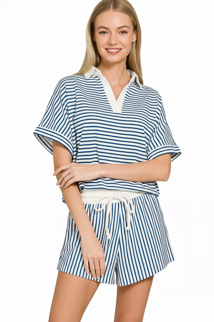 Zenana Striped Collared Top & Shorts Set - Image 3