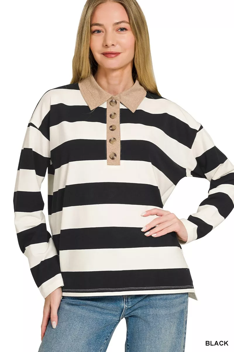 Zenana Striped Contrast Collar Polo Tee - Image 2