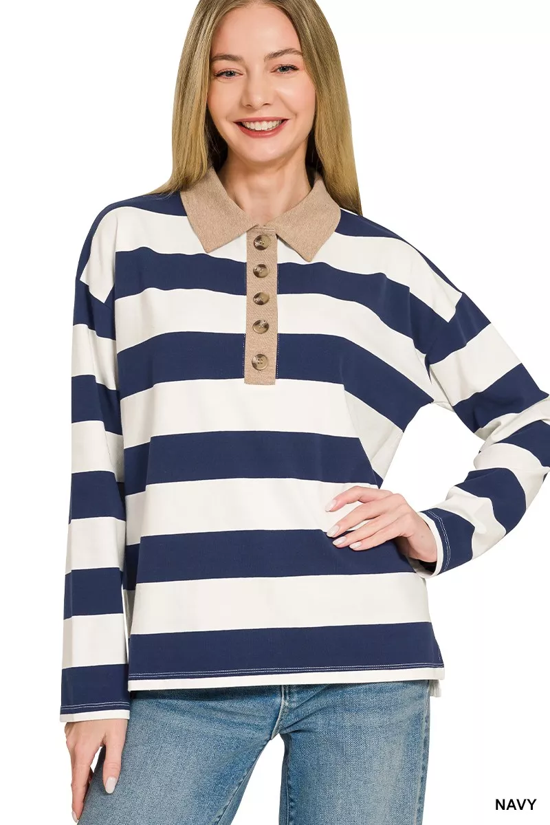 Zenana Striped Contrast Collar Polo Tee - Image 2