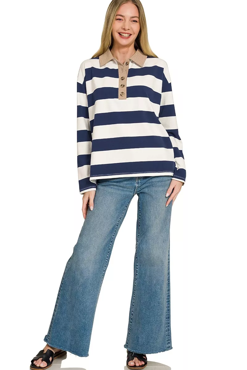 Zenana Striped Contrast Collar Polo Tee - Image 4