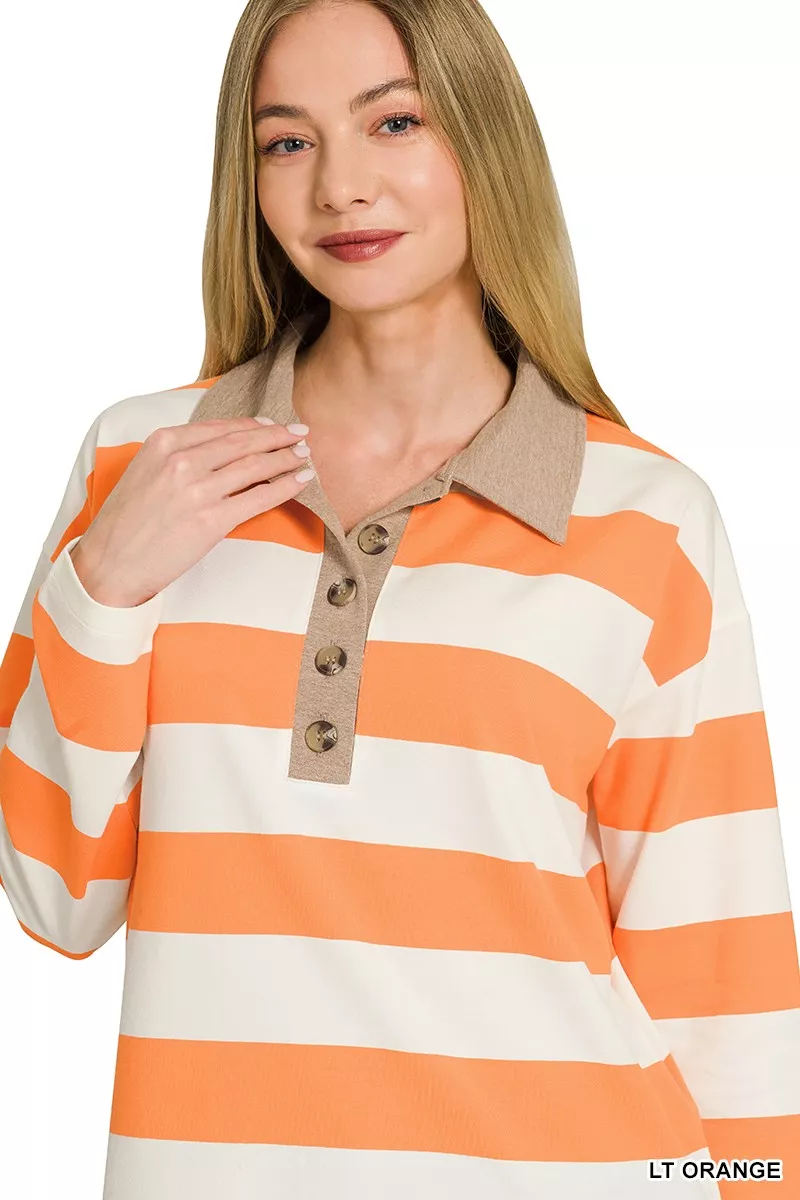 Zenana Striped Contrast Collar Polo Top - Image 4