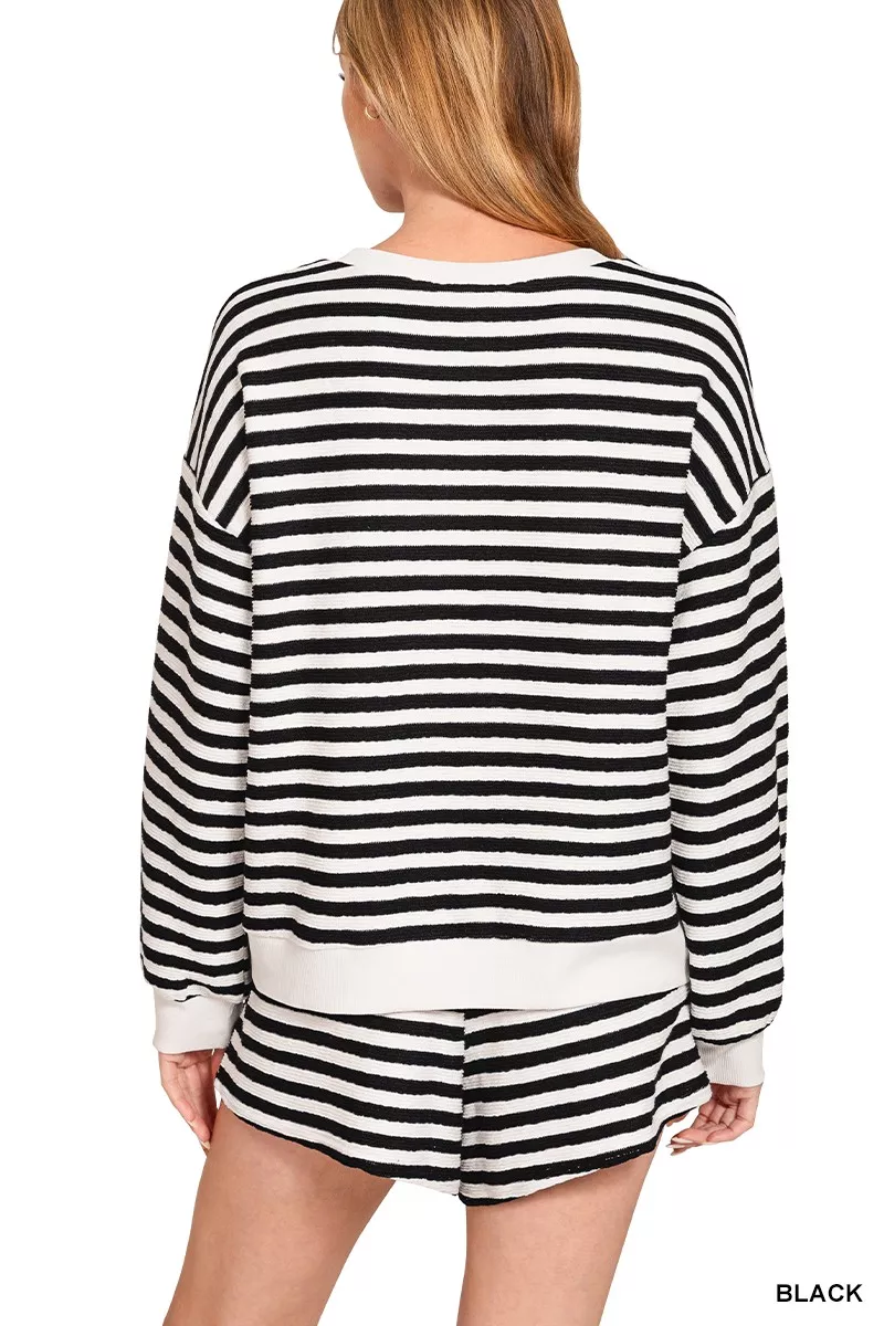 Zenana Striped Long Sleeve Top and Shorts Set - Image 2