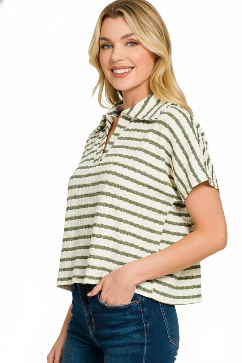 Zenana Striped Split Neck Collared Top - Image 3