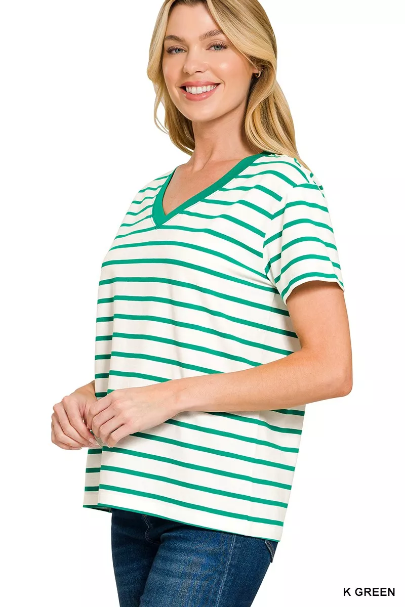 Zenana Striped V-Neck Short Sleeve T-Shirt - Image 2