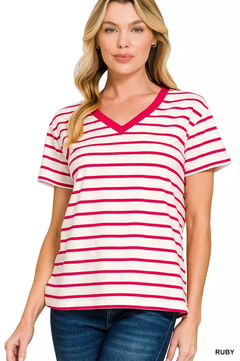 Zenana Striped V-Neck Short Sleeve T-Shirt - Image 2