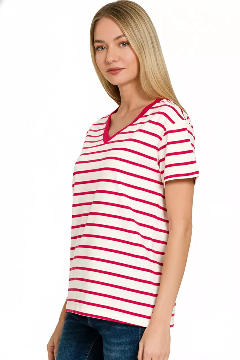 Zenana Striped V-Neck Short Sleeve T-Shirt - Image 3