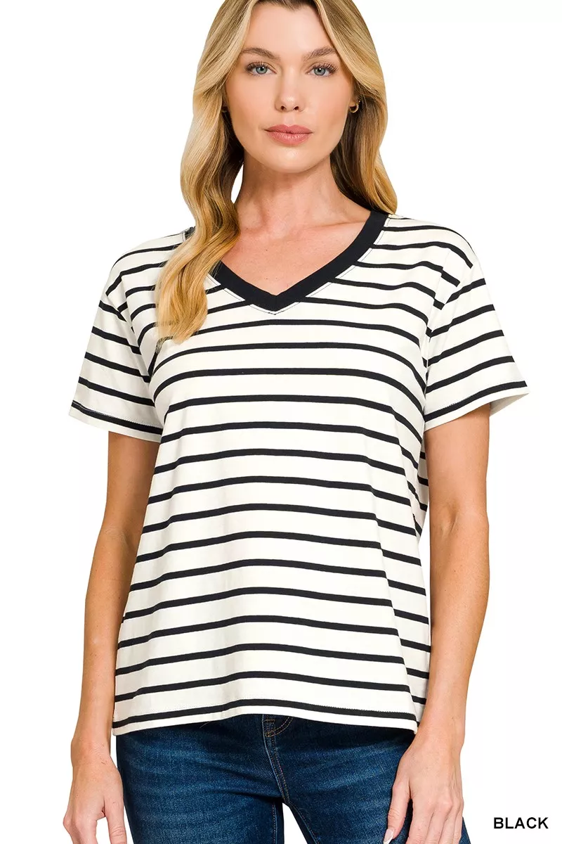 Zenana Striped V-Neck Short Sleeve T-Shirt - Image 2