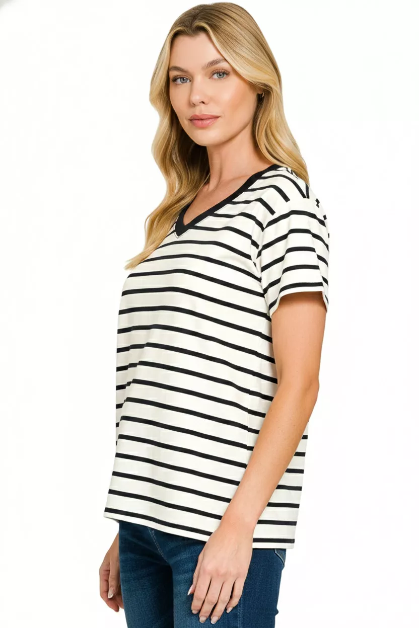 Zenana Striped V-Neck Short Sleeve T-Shirt - Image 3
