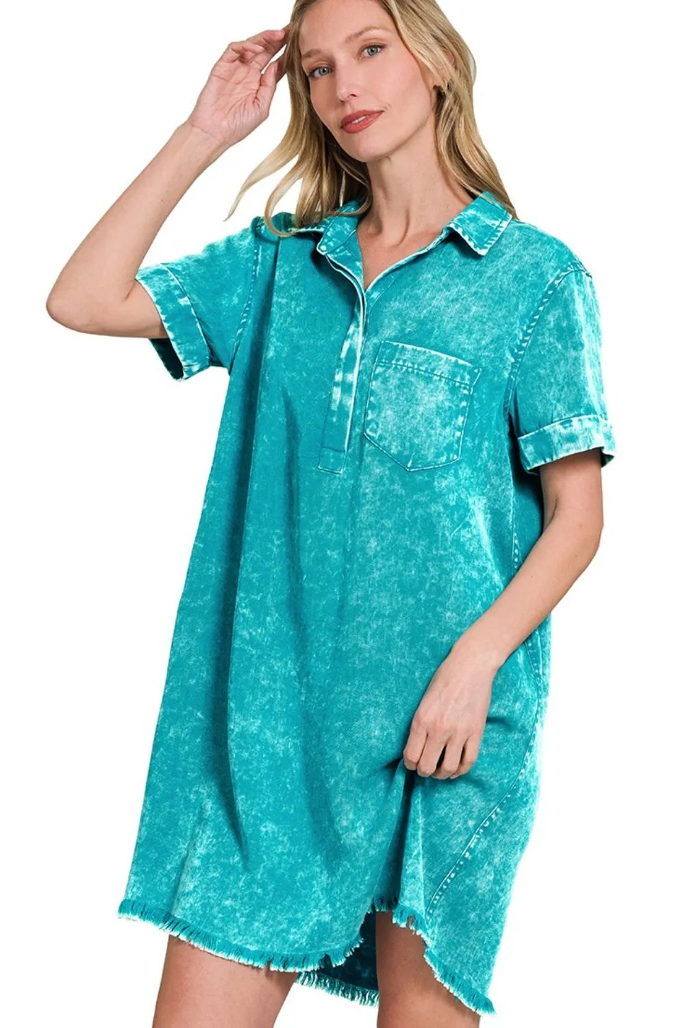 Zenana Tencel Mineral Washed Collared Shirts Dress - Image 2
