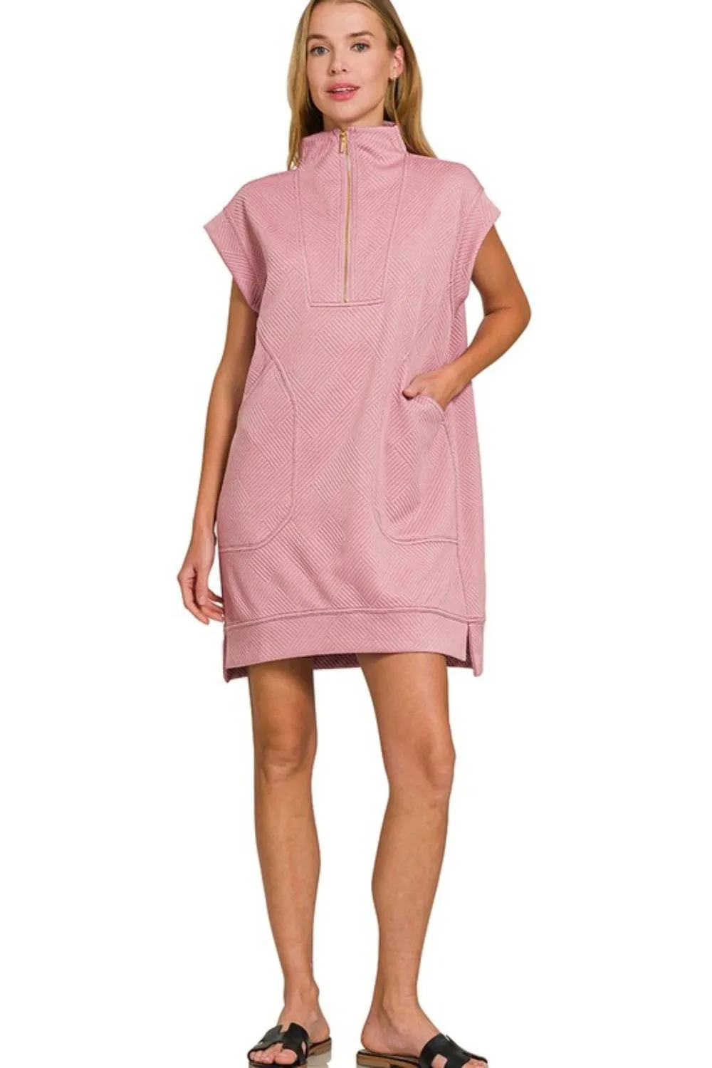 Zenana Textured Knit Jacquard Quarter Zipper Mini Dress - Image 3
