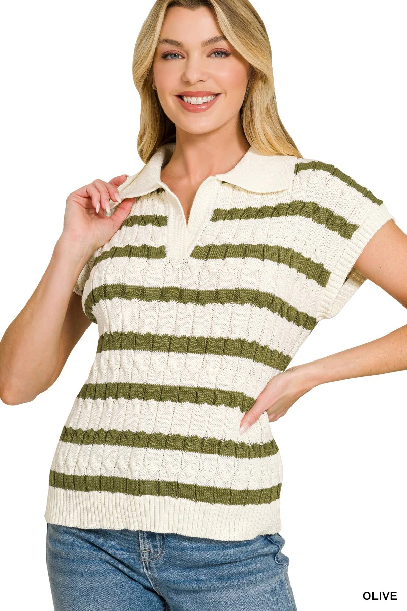 Zenana Textured Stripe Collared Sweater Vest - Image 2