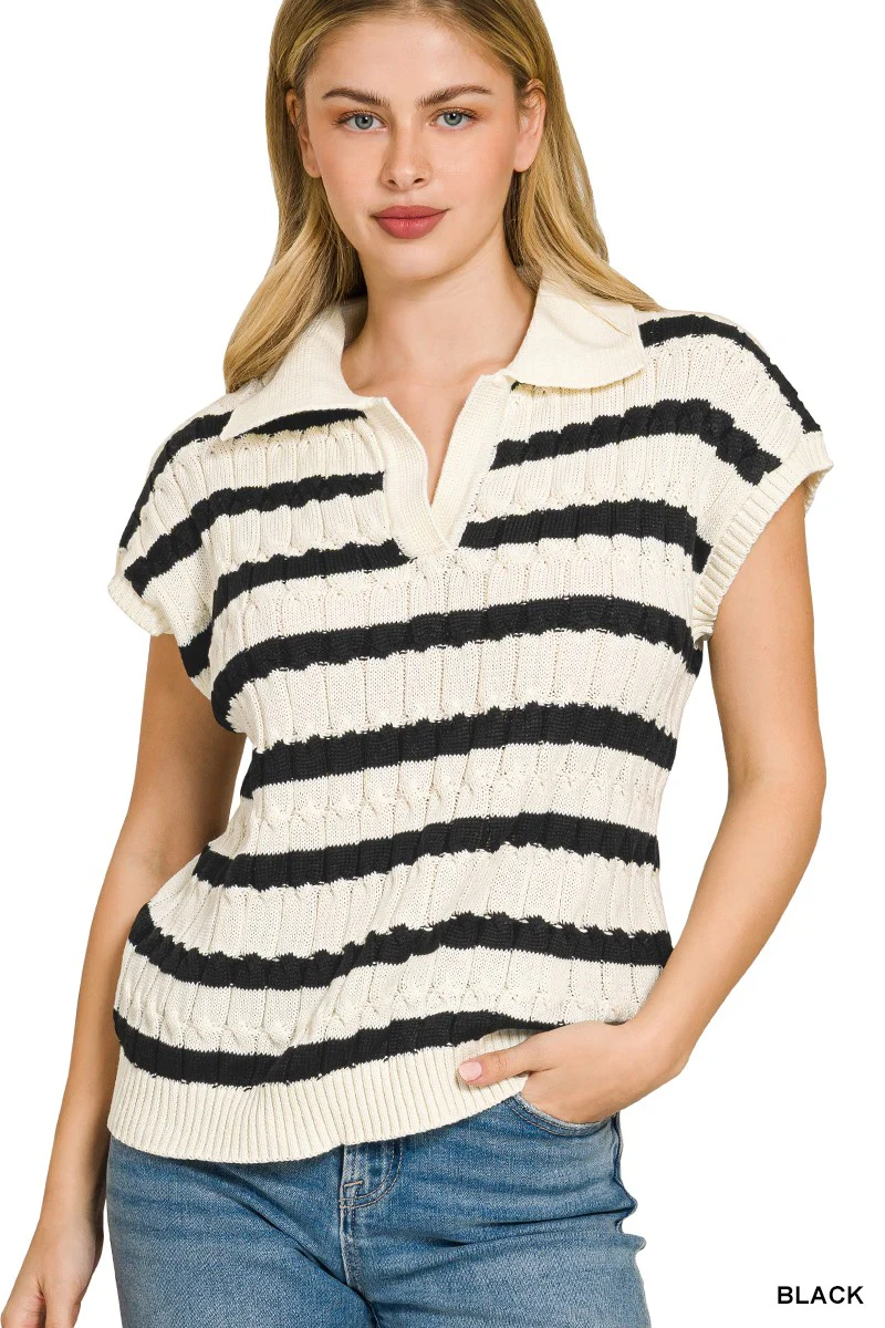 Zenana Textured Stripe Collared Sweater Vest - Image 2
