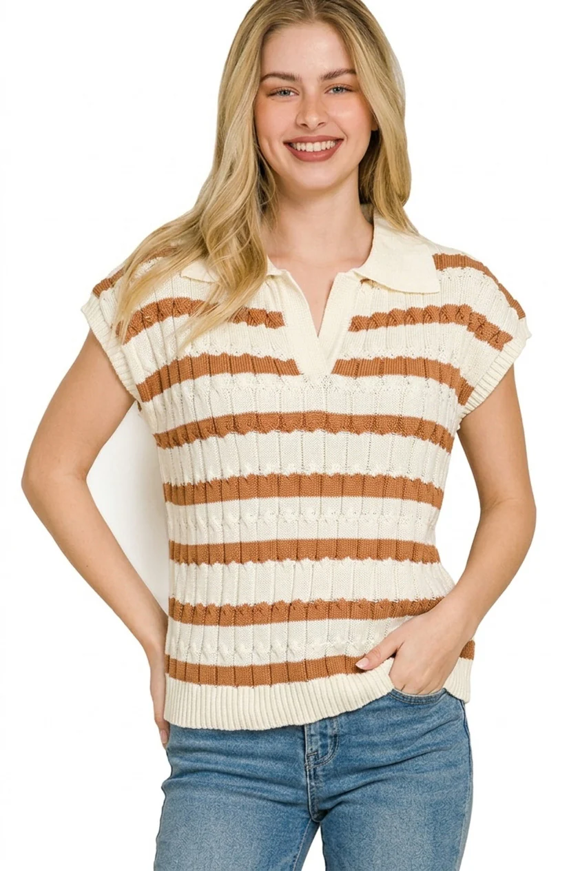 Zenana Textured Stripe Collared Sweater Vest - Image 3
