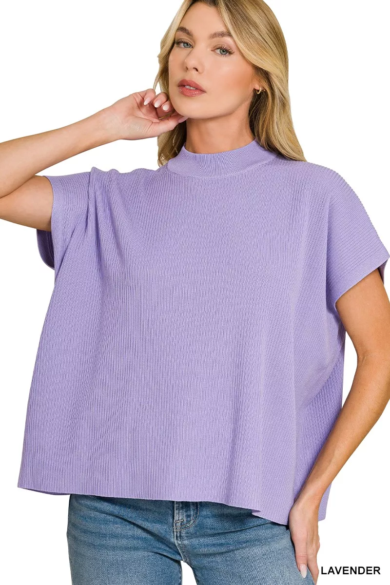Zenana Viscose Mock Neck Short Sleeve Boxy Sweater