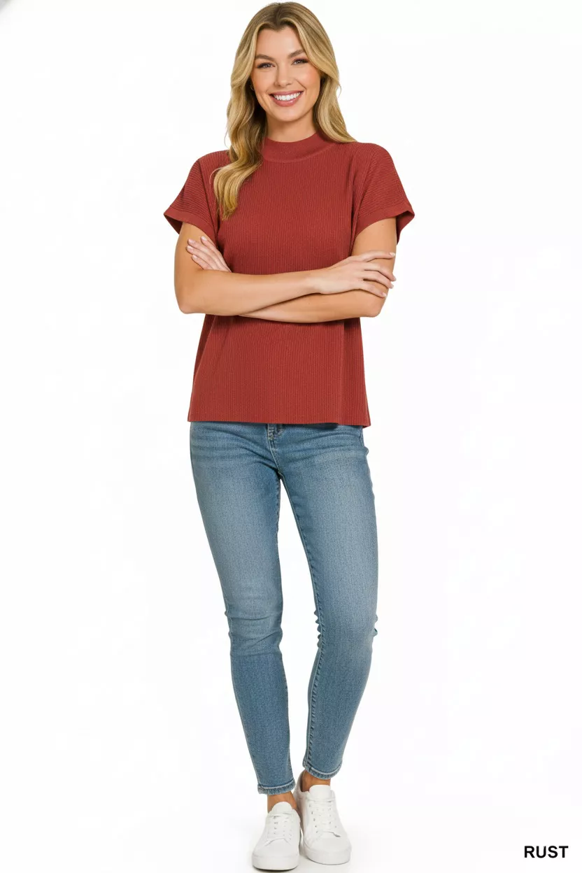 Zenana Viscose Mock Neck Short Sleeve Boxy Sweater - Image 3