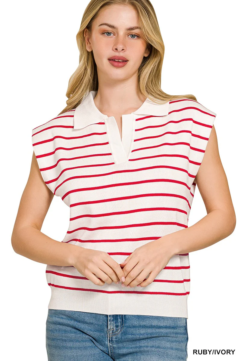 Zenana Viscose Striped Collared Sweater Vest - Image 2