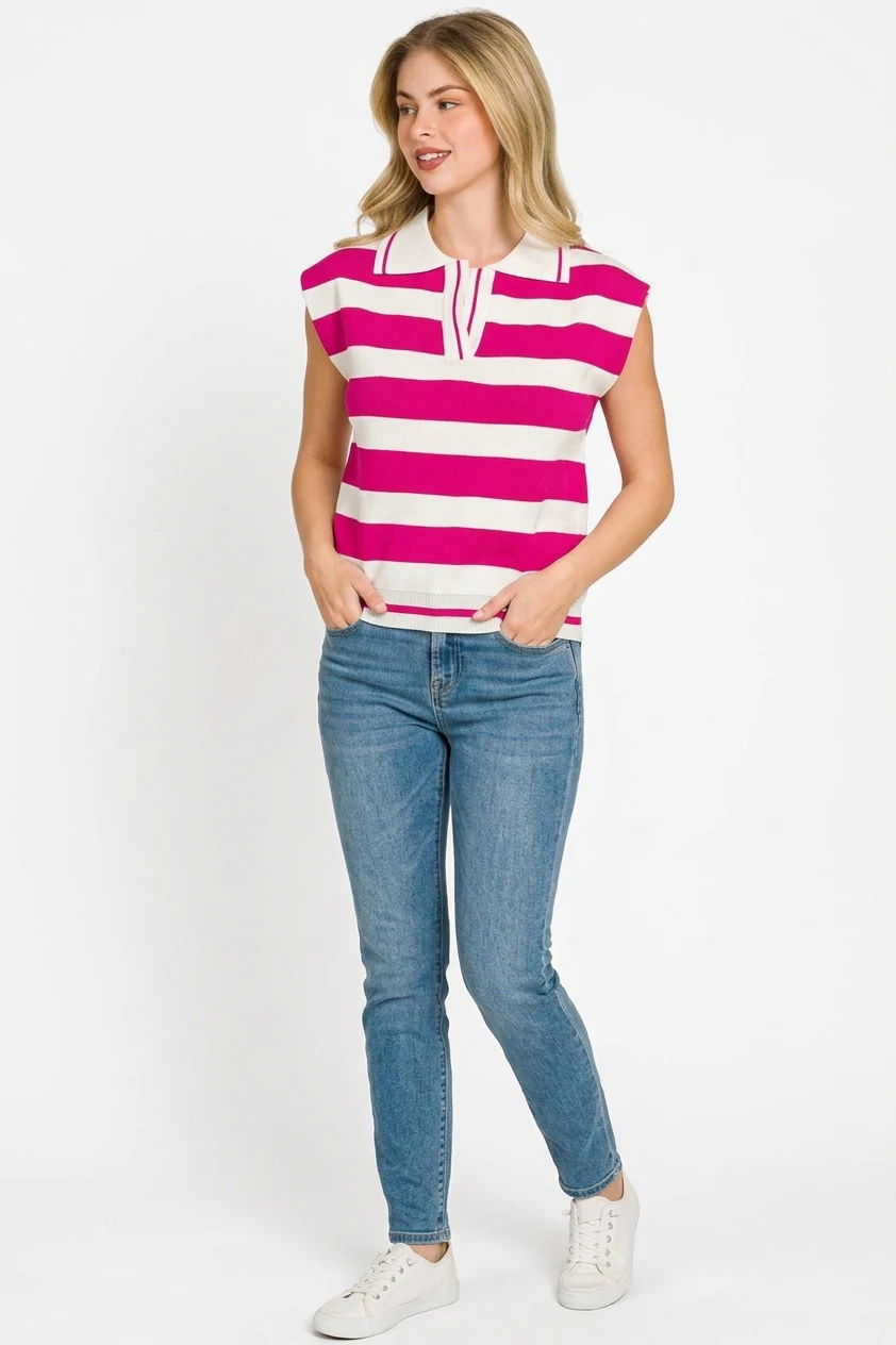 Zenana Viscose Striped Collared Sweater Vest - Image 2