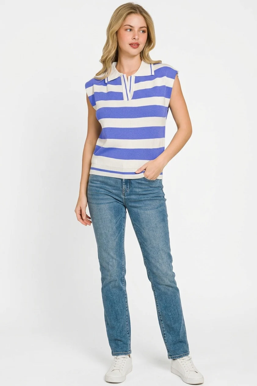 Zenana Viscose Striped Collared Sweater Vest - Image 3