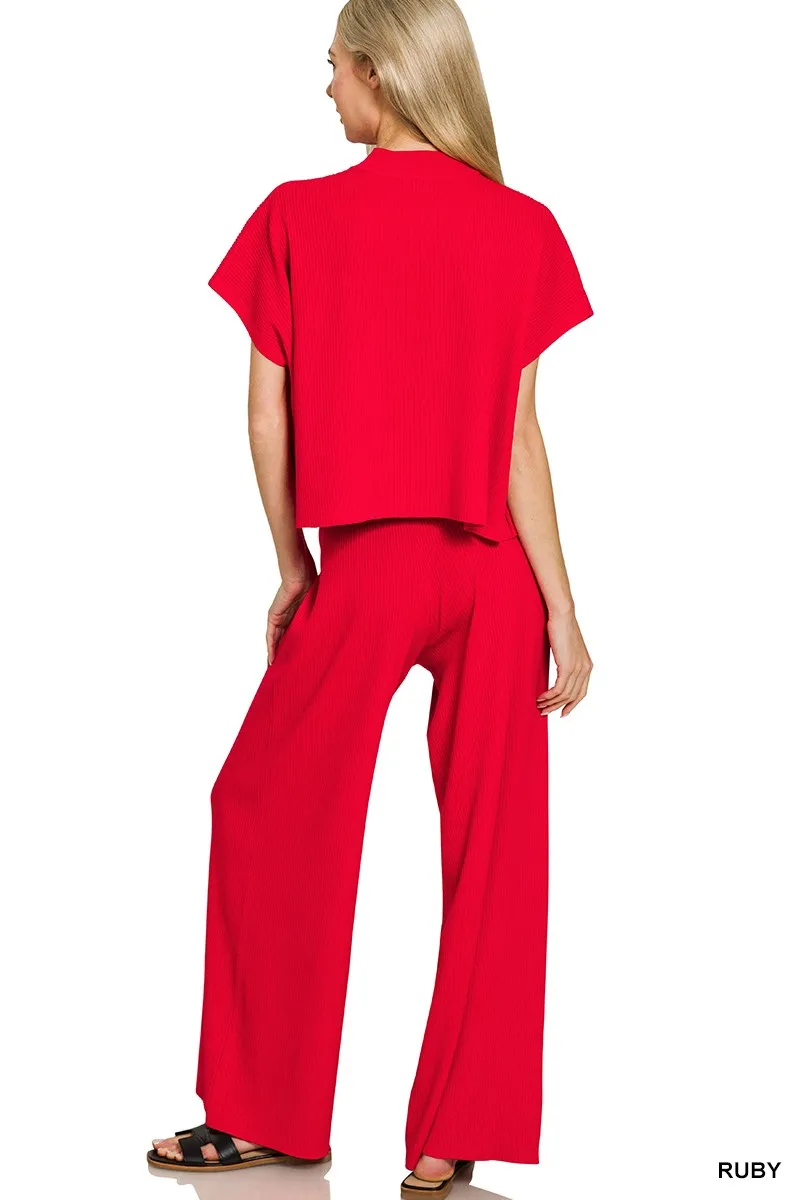 Zenana Viscose Sweater Short Sleeve Top and Pants Set - Image 3