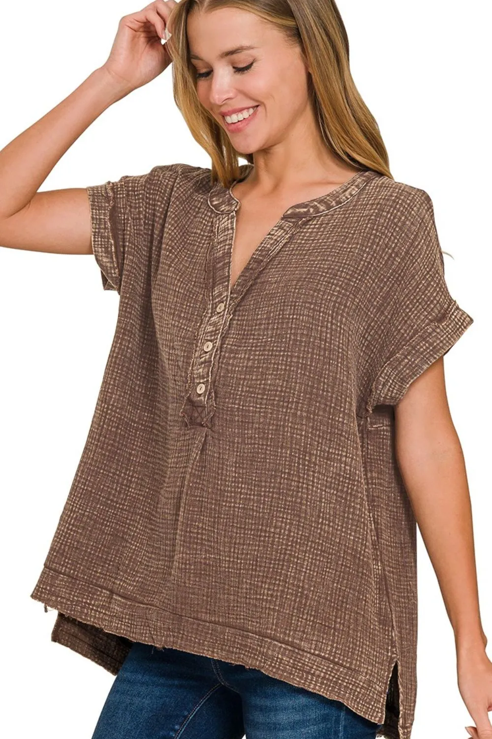 Zenana Washed Double Gauze 3/4 Button Henley Neck Shirt - Image 2