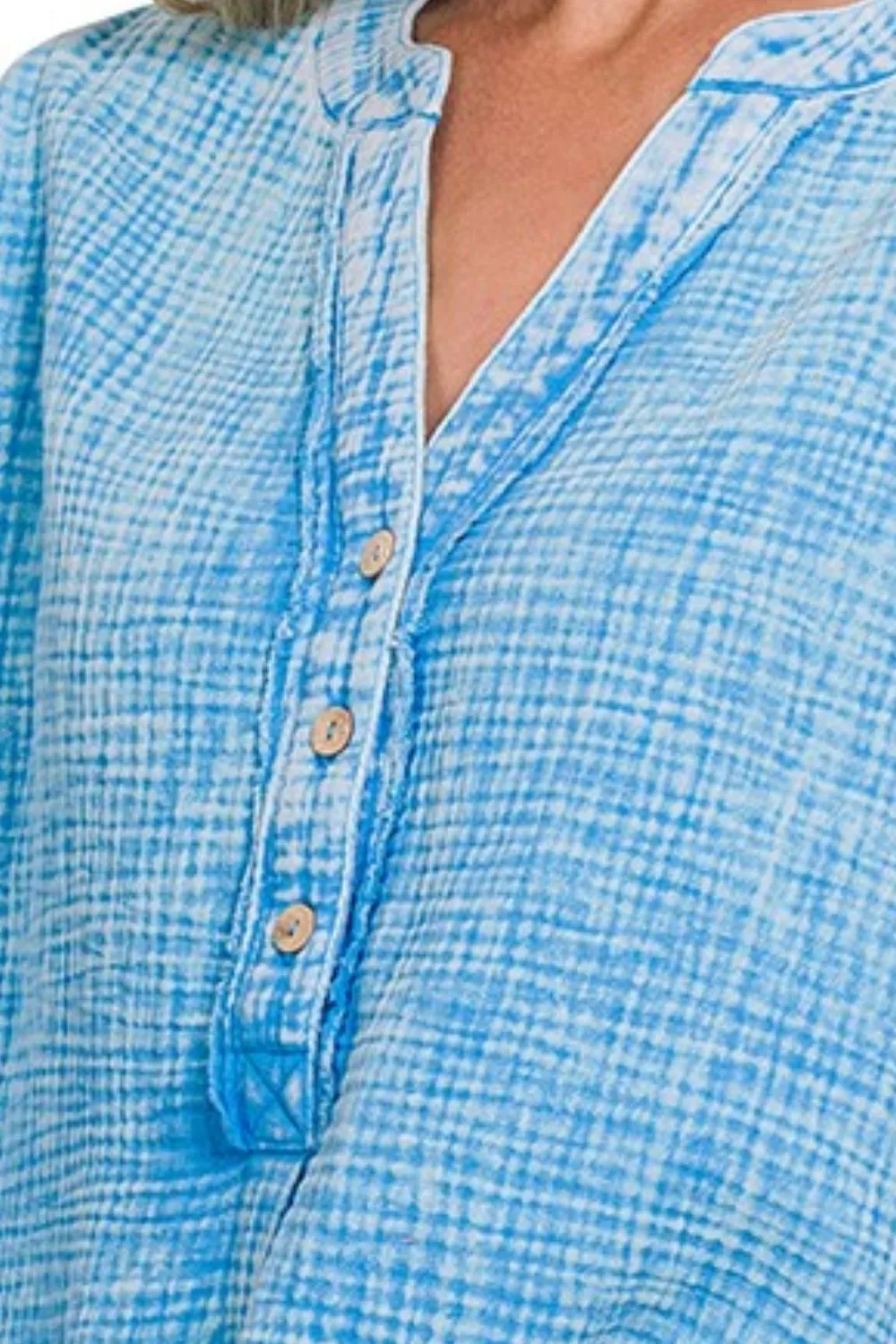 Zenana Washed Double Gauze 3/4 Button Henley Neck Shirt - Image 2