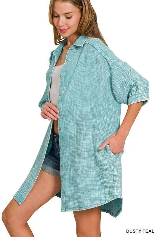 Zenana Washed Double Gauze Button Down Shirt Dress - Image 2