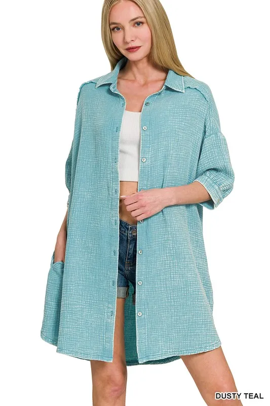 Zenana Washed Double Gauze Button Down Shirt Dress - Image 5