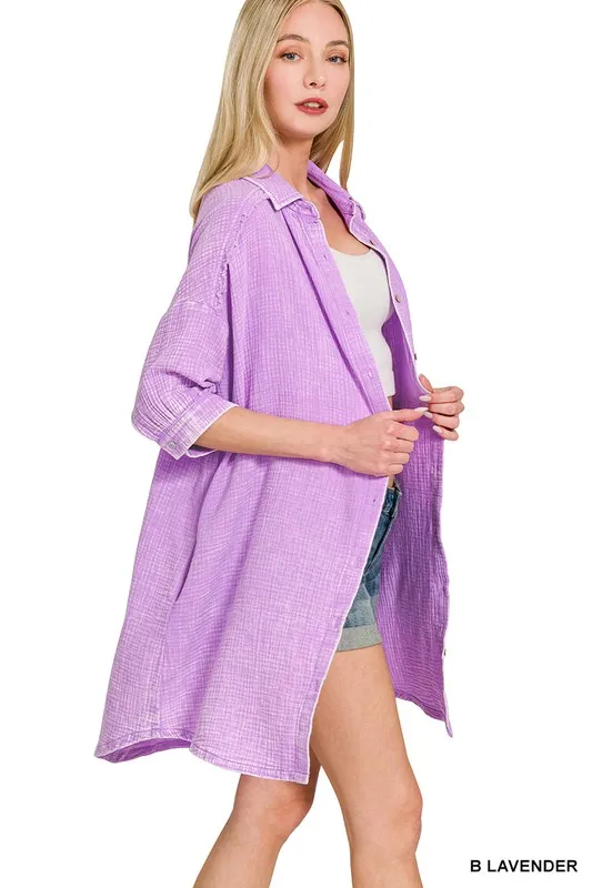 Zenana Washed Double Gauze Button Down Shirt Dress - Image 3
