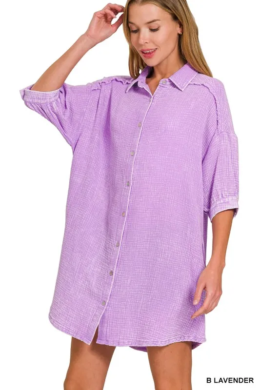 Zenana Washed Double Gauze Button Down Shirt Dress - Image 5